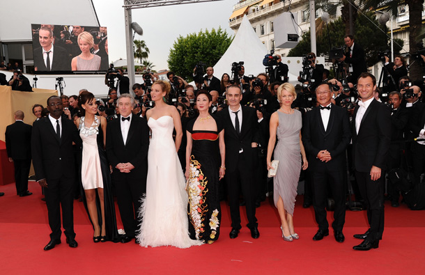 Jury Members Olivier Assayas, Jude Law, Nansun Shi, Linn Ulmann, Johnnie To, Jury President Robert De Niro, Jury Members Uma Thurman, Mahamat-Saleh Haroun and Martina Gusman attend the Opening Ceremony at the Palais des Festivals during the 64th Cannes Film Festival on May 11, 2011 in Cannes, France. (GETTY/GALLO)