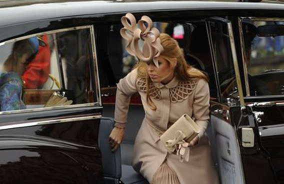 Princess Beatrice of York, wearing a hat by Philip Treacy arrives at Westminster Abbey on April 29. Popular Australian children's entertainers The Wiggles have entered the bidding race for the flamboyant hat worn by Princess Beatrice on sale on eBay. (AFP)