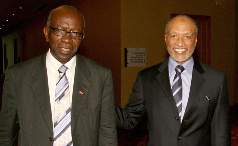 Mohamed bin Hammam (right) of Qatar and Fifa vice-president Austin Jack Warner of Trinidad & Tobago during a meeting in Port of Spain, Trinidad & Tobago. (AP)