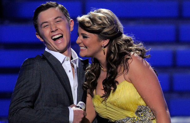 Finalists Scotty McCreery, left, and Lauren Alaina are seen onstage before the winner is announced at the "American Idol" finale, in Los Angeles. (AP)