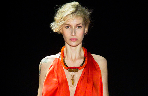 A model wears a creation by Espaco Fashion during the Fashion Rio Summer 2012 collection in Rio de Janeiro, Brazil. (AP)