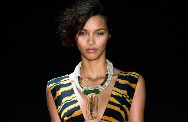 A model wears a creation by Espaco Fashion during the Fashion Rio Summer 2012 collection in Rio de Janeiro, Brazil. (AP)