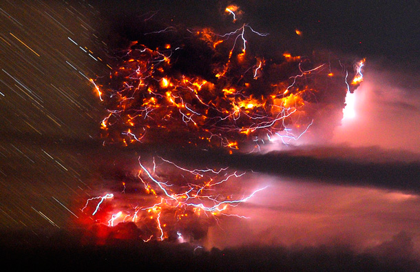 Volcanic lightning is seen over the Puyehue volcano, over 500 miles south of Santiago, Chile. (AP)