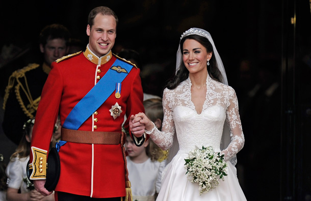 Prince William and his wife Kate, Duchess of Cambridge stand outside of Westminster Abbey after their Royal Wedding in London. (AP)