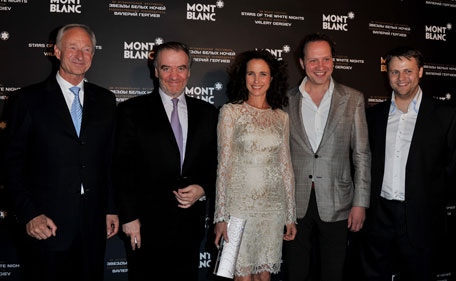 (L-R) CEO of Montblanc International Lutz Bethge, musical director and conductor Valery Gergiev,actress Andie MacDowell, winner of Montblanc New Voices at Stars of the White Nights Event 2011 Mikhail Petrenko and winner of Montblanc New Voices at Stars of the White Nights Event 2011 Sergei Semishkur at the Montblanc New Voices Award 2011 - Press Conference & Award Ceremony at Mariinsky Theatre on June 17, 2011 in Saint Petersburg, Russia.