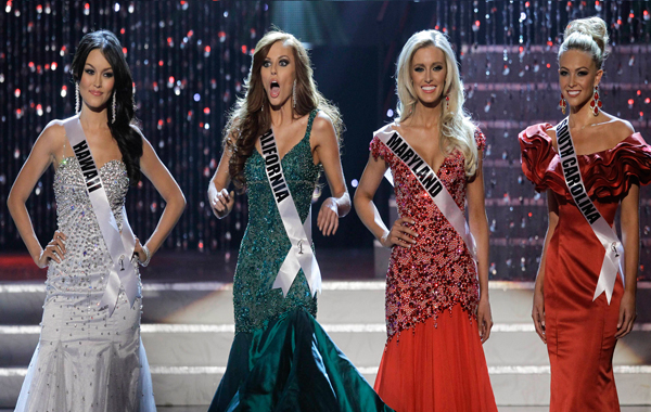 Alyssa Campanella, Miss California, second from left, reacts after being announced as a finalist during the 2011 Miss USA pageant,in Las Vegas. (AP)