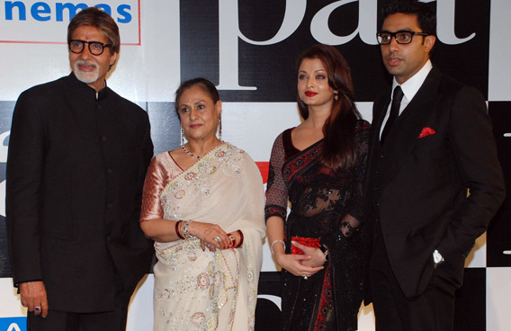 Indian actor Amitabh Bachchan (L) poses with his wife Jaya, daughter-in-law Aishwarya Rai Bachchan and son Abhishek Bachchan (R). (AFP)