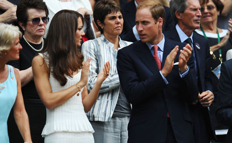 Billie Jean King, Catherine, Duchess of Cambridge, Prince William, Duke of Cambridge and Chairman of the All England Lawn Tennis Club Philip Brook attend the fourth round match between  Andy Murray of Great Britain and  Richard Gasquet of France on Day Seven of the Wimbledon Lawn Tennis Championships at the All England Lawn Tennis and Croquet Club on June 27, 2011 in London, England. (GETTY IMAGES)