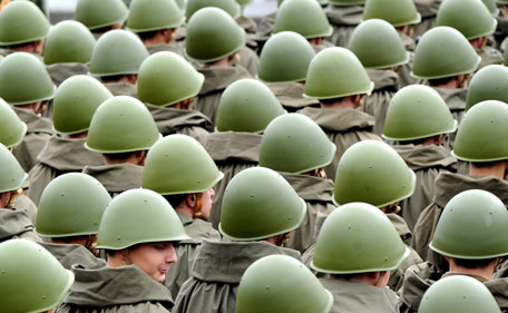 Belarussian soldiers march past during an Independence Day parade in Minsk on July 3, 2011. Belarus President Alexander Lukashenko warned his opponents against considering any uprising against his rule as the military staged a Soviet-style show of force in an Independence Day parade. (AFP)