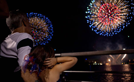 Spectators watch the fireworks display over the Hudson River, Monday, July 4, 2011, in New York. A portion Manhattan's west side is closed to vehicular traffic, allowing pedestrians to camp out and wait for the 40,000 shells launched after dusk from a barge on the river. (AP)
