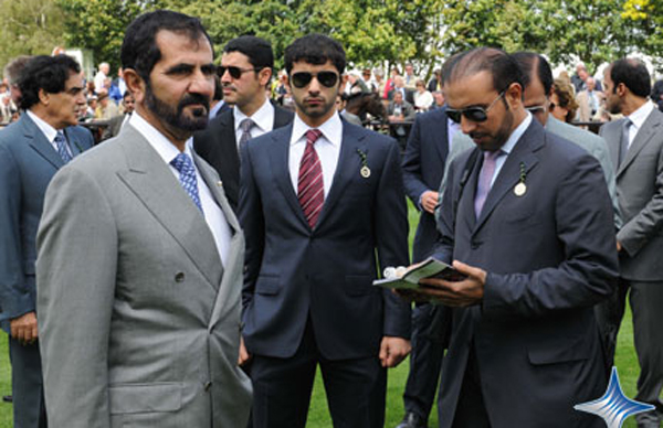 Sheikh Mohammed and Mansour bin Mohammed at the race. (SUPPLIED)