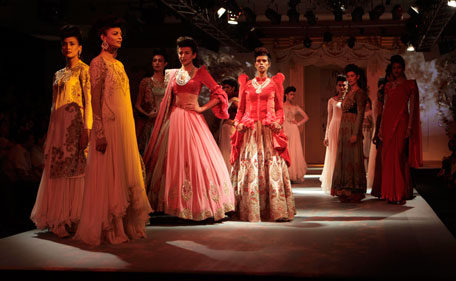 Model display creations by Indian designer Varun Bahl during Delhi Couture Week 2011, in  New Delhi, India, Friday, July 22, 2011. (AP)