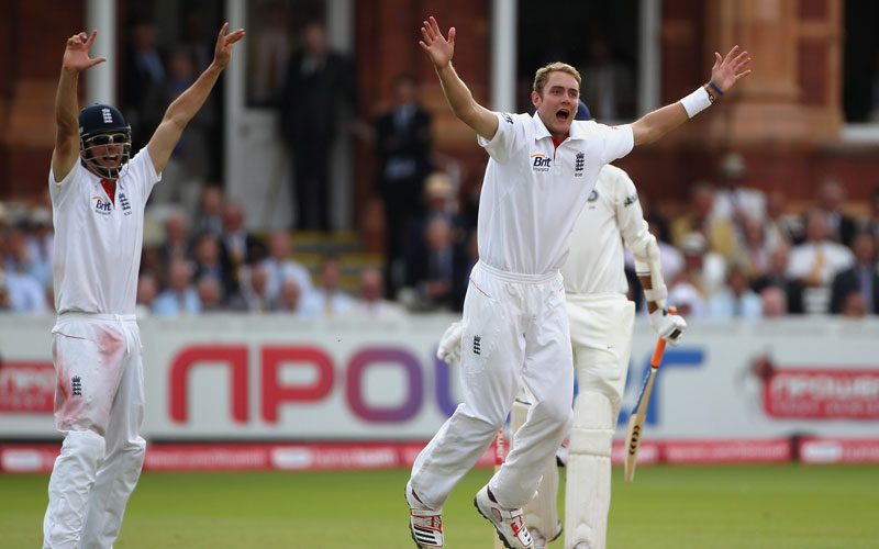 Stuart Broad of England celebrates the final wicket for LBW of Ishant Sharma of India during day five of the 1st npower test match between England and India  at Lord's Cricket Ground in London, England.  (Getty Images)