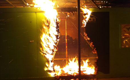 A fire burns at a construction site during a riot after youths protested against the killing of a man by armed police in an attempted arrest, August 6, 2011 in London, England. Twenty-nine-year-old father-of-four Mark Duggan died August 4 after being shot by police in Tottenham, north London. (GETTY)