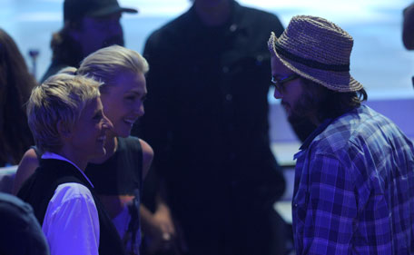 From left, Ellen DeGeneres and wife Portia de Rossi are seen with Ashton Kutcher at the Teen Choice Awards on Sunday, Aug. 7, 2011 in Universal City, Calif.  (AP)