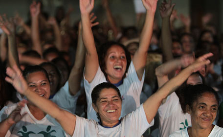 Inmates react as the winner of the Miss Penitentiary beauty contest is announced at the Women's Prison of Brasilia, Brazil, Tuesday Aug. 9, 2011. Miss Penitentiary is an annual contest that takes place in several Brazilian prisons with the participation of nearly 100 inmates. (AP)