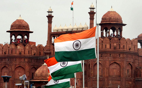 Indian flags flutter at the Red Fort monument, the main venue for India's Independence Day celebrations in New Delhi, India, Sunday, Aug. 14, 2011. Security has been beefed up ahead of India's Independence Day, which will be marked on Aug.15. (AP)