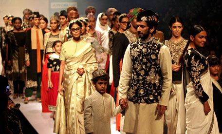 Indian models display creations by designer Sabyasachi during the Lakme Fashion Week in Mumbai, India, Friday, Aug. 19, 2011. (AP)