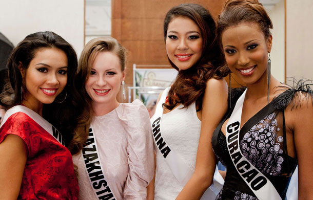 Miss Vietnam 2011, Hoang My Vu; Miss Kazakhstan 2011, Valeriya Aleinikova; Miss China 2011, ZiLin Luo; and Miss Curacao 2011, Eva Van Putten, prepare for registration and fitting in Sao Paulo, Brazil on August 24, 2011 at Hilton Sao Paulo Morumbi. She will spend the next 3 weeks appearing at events and preparing to compete in the 2011 MISS UNIVERSE Competition on September 12 at 9 p.m.  (AFP)