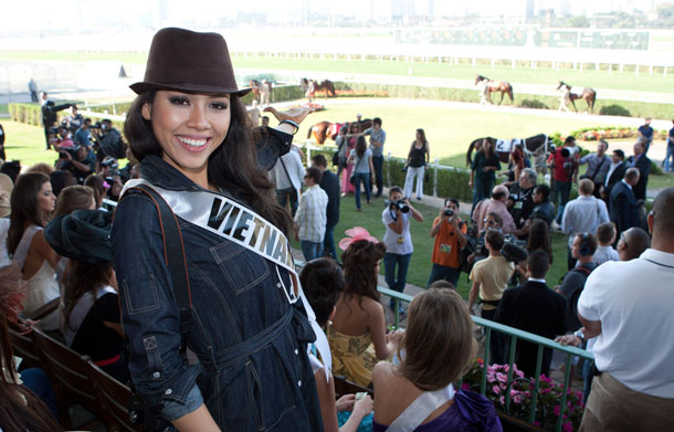 Miss Vietnam 2011 Vu Hoang My poses for a photo as she visits the Jockey Club horse racing track in Sao Paulo, August 27, 2011. The Miss Universe pageant will be held in Sao Paulo on September 12.  (REUTERS)