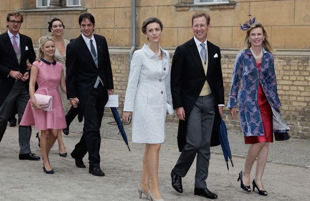 (L-R) Princess Sibilla of Luxembourg, Bernhard Erbprinz von Baden with wife Stephanie Kalt attend the religious wedding ceremony of Georg Friedrich Ferdinand Prince of Prussia to Princess Sophie of Prussia in the Friedenskirche Potsdam on August 27, 2011 in Potsdam, Germany. (GETTY/GALLO)
