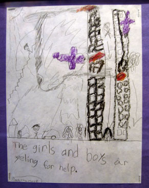 In this Sept 4, 2002, file photo a drawing of the Sept 11 attacks on the World Trade Center twin towers by a first-grade student at Newark's Abingdon Avenue School is displayed at an exhibit of Sept. 11 artifacts at the New Jersey Historical Society in Newark, NJ.