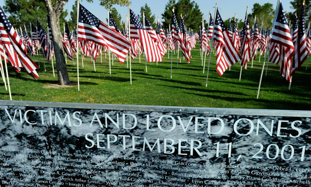 American flags are displayed behind a wall of remembrance listing the 2,996 names of those killed in the terrorist attacks of September 11, 2001, at Palm Mortuary & Cemetery September 7, 2011 in Las Vegas, Nevada. The memorial will be displayed until September 18 for people marking the 10th anniversary of the 9/11 attacks. (GETTY)