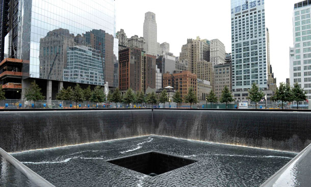 A view of the World Trade Center North Tower memorial pool at the National September 11 Memorial and Museum in New York,Tuesday, Sept 6, 2011.  (AP)