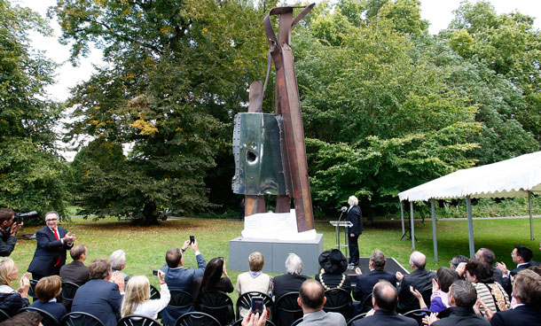 London Mayor Boris Johnson, standing next to the sculpture, unveils the sculpture, designed by New York artist Miya Ando and made from steel recovered from the World Trade Center after the September 11, 2001 terrorist attacks, in Battersea Park in London, Monday, Sept 5, 2011. The artwork, called "After 9/11", was commissioned by the 9 11 London Project to mark the launch of its new education program. (AP)
