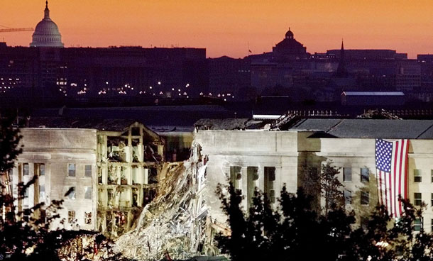The damaged area of the Pentagon is seen at sunrise with the US Capitol Building in the background in this September 16, 2001 file photo. September 11th marks the 10th anniversary of the 9/11 attacks where nearly 3,000 people died when four hijacked airliners were used in coordinated strikes on the Pentagon and the World Trade Center towers. The fourth plane crashed in Pennsylvania. (REUTERS)