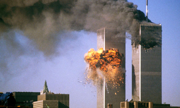 The south tower of the World Trade Center bursts into flames after being struck by United Airlines Flight 175 in New York in this September 11, 2001 file photo. September 11th marks the 10th anniversary of the 9/11 attacks where nearly 3,000 people died when four hijacked airliners were used in coordinated strikes on the Pentagon and the World Trade Center towers. The fourth plane crashed in Pennsylvania. (REUTERS)