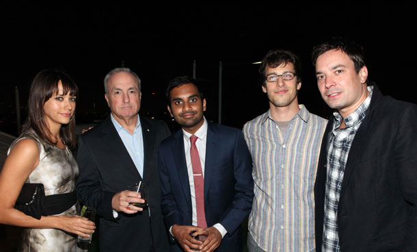 In this photo taken by AP Images for 42Below Vodka, from left, Rashida Jones, Lorne Michaels, Aziz Ansari, Andy Samberg, and Jimmy Fallon are seen at Broadway Video's Pre-Emmy Party hosted by 42Below Vodka at the Sunset Tower Hotel on Saturday, Sept 17, 2011, in West Hollywood, Calif. (AP)