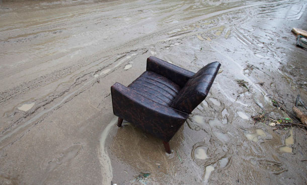 A chair is seen on a mud-covered street close to the Shonai river in Nagoya, central Japan, after the area was flooded due to typhoon Roke approaching, September 21, 2011. More than 1.3 million people were advised to evacuate on Tuesday as typhoon Roke approached Japan, threatening the industrial city of Nagoya with heavy rain and landslides. (REUTERS)