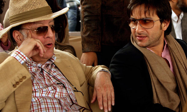 FILE - In this Dec. 3, 2006, file photo, former Indian cricketer Mansoor Ali Khan Pataudi, left, and his Bollywood actor son Saif Ali Khan look on during an event in New Delhi, India. Former India captain Mansur Ali Khan Pataudi has died at a local hospital In New Delhi where he was being treated for a lung disease, it is announced Thursday Sept. 22, 2011. He was 70. (AP)