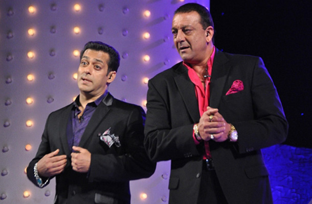 Salman Khan (L) and Sanjay Dutt take part in a television reality show. (AFP)