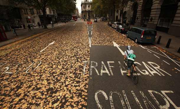 Leaves are stuck to the road surface on October 5, 2011 in London, England. A combination of late Summer high temperatures and an early fall of leaves onto a sticky non-slip section of road tarmac has created a leafy collage. (GETTY)