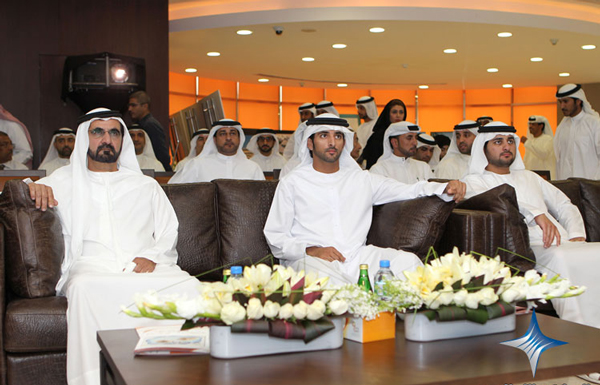 Mohammed bin Rashid, Hamdan bin Mohammed and Maktoum bin Mohammed attend presentation. (SUPPLIED)
