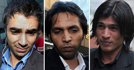 Former Pakistan cricketers Salman Butt (left), Mohammad Asif (centre) and Mohammad Aamer were found guilty of spot-fixing at a trial in London. (AFP)