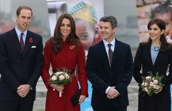 Prince William, Duke of Cambridge, (L) Catherine, Duchess of Cambridge, (2nd L) Frederik, Crown Prince of Denmark and Mary, Crown Princess of Denmark visit the UNICEF Global Supply Centre in Copenhagen, Denmark. The visit is to help maintain the spotlight on the ongoing humanitarian crisis in East Africa, which has left hundreds of thousands of children severely malnourished and at risk of starving to death unless they receive urgent help. The huge supply centre sources supplies packs and distributes the food, water, vaccines and emergency medical kits for children around the globe. (GETTY/GALLO)