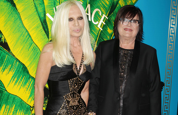 Fashion designers Donatella Versace, left, and Margareta van den Bosch pose at the Versace for H&M Fashion Show and Party at Pier 57 in New York. (AP)