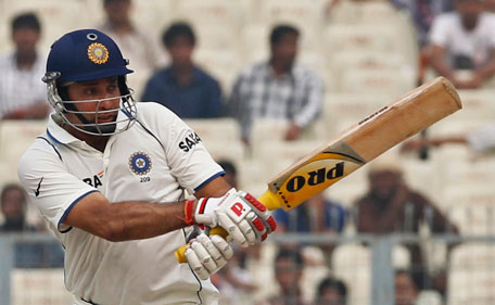 India's VVS. Laxman plays a shot on the second day of their second test cricket match against West Indies in Kolkata November 15, 2011. (REUTERS)
