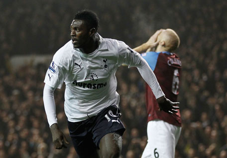 Tottenham Hotspur's Emmanuel Adebayor celebrates scoring a goal during an English Premier League match against Aston Villa at White Hart Lane in London, England, on Monday. (AFP)
