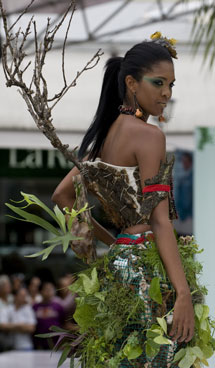 A model presents a creation by Colombian designer Ledy Aldana during the Biofashion Habitat show on November 26, 2011, in Cali, Valle del Cauca department, Colombia. The designs are made with natural materials and live plants. (AFP)