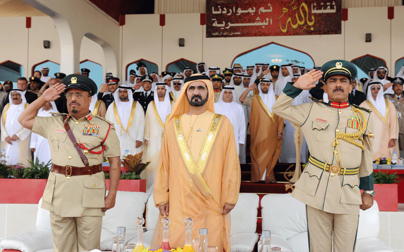 Sheikh Mohammed attends the graduation ceremony of the 19th batch of student cadets and postgraduate students at the Dubai Police Academy. (WAM)