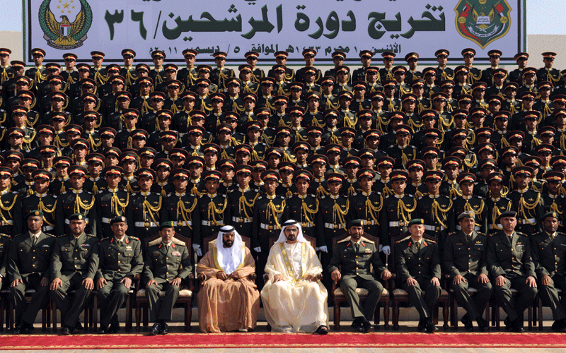 Sheikh Mohammed attends the graduation ceremony of the 36th batch of cadet officers at the Zayed II Military College. (WAM)