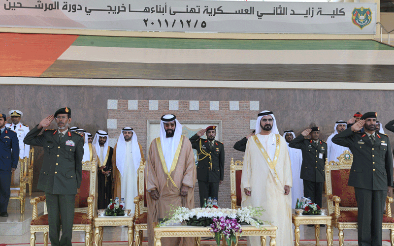 Sheikh Mohammed attends the graduation ceremony of the 36th batch of cadet officers at the Zayed II Military College. (WAM)