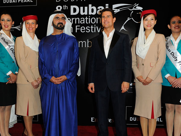 His Highness Sheikh Mohammed bin Rashid Al Maktoum, Vice-President and Prime Minister of the UAE and Ruler of Dubai and actor Tom Cruise at the Madinat Jumeriah Complex on December 7, 2011 in Dubai, United Arab Emirates. (GETTY)