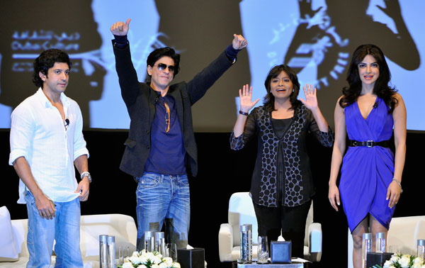 Actor and director Farhan Akhtar, actor Shah Rukh Khan (second right) and actress Priyanka Chopra (R) onstage ahead of an Q&A session on day two of the 8th Annual Dubai International Film Festival held at the Madinat Jumeriah Complex on December 8, 2011 in Dubai, United Arab Emirates. (GETTY IMAGES)