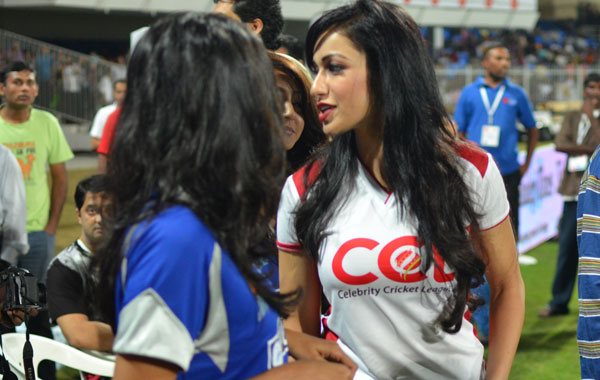 Brand ambassadors ready to take center stage during the opening ceremony of Celebrity Cricket League at the Sharjah Cricket Stadium, January 13, 2012. (KAMRAN)