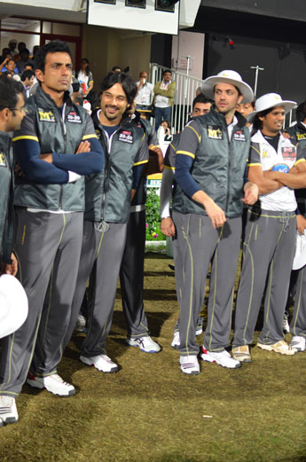 Team Mumbai Heroes at the dugout before the start of the first match of Celebrity Cricket League at the Sharjah Cricket Stadium, January 13, 2012. (KAMRAN)